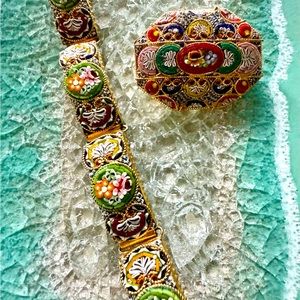 Vintage Millefiore mosaic bracelet & large brooch, Italy, floral romantic Boho